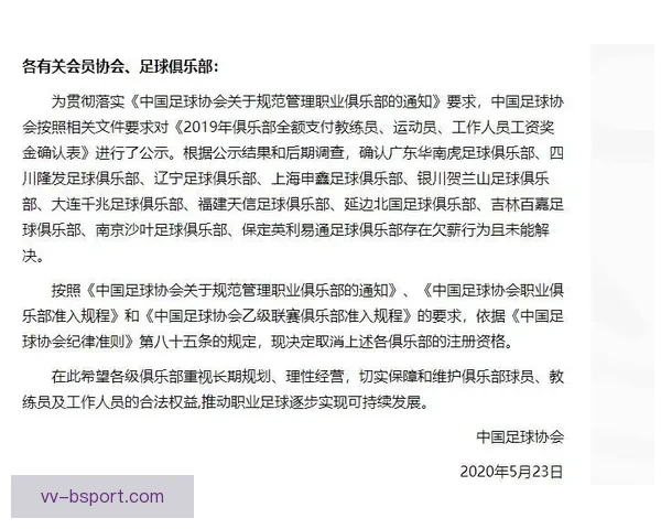 中国足协加强审查职业俱乐部欠薪问题 逾期不改将取消准入资格